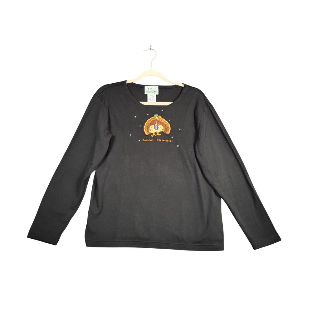 QUACKER FACTORY Black Embroidered Thanksgiving Gobble Wobble Funny Tee SMALL